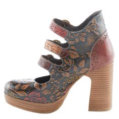 L`Artiste Style: Thelady High-quality, floral embossed and etched leather upper with three adjustable hook and loop straps with vintage decorative buckles on a stacked heel and platform. Upper: Leather Lining: Synthetic Insole: Synthetic Outsole: Rubber Closure: Hook&Loop Heel Height: 4 " Platform Height: 1 " Features: - Adjustable, Hand-painted, Padded Insole, Premium Disclaimer: L'Artiste products are made with natural tanned leather using traditional hand painting techniques. This unique fini Boho Footwear, 70s Inspired Fashion, Funky Shoes, Spring Step Shoes, Unique Clothing, Swaggy Outfits, Artist Style, Hand Painting, Pretty Shoes