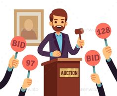 a man standing behind a podium with auction signs in front of him - people characters