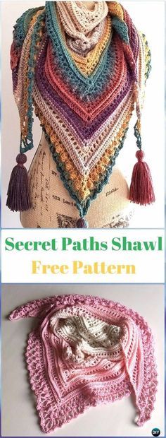 three pictures of scarves with tassels on them and the words secret palles shawl