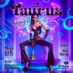 a woman sitting on top of a stool in front of a neon sign that says taurus