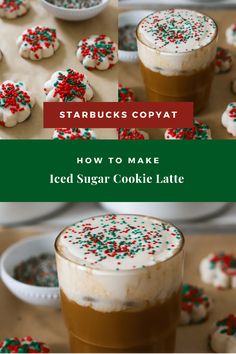 iced sugar cookie latte with red and green sprinkles in the background