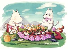 two cartoon characters are playing with flowers in the grass and one is holding a watering can