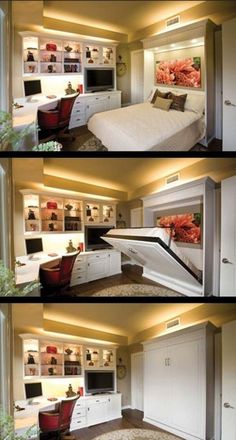 four different shots of a bedroom with built in desks