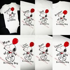 Have fun at your baby's celebration with these matching family shirts.  Shirts are 100% cotton, decorated with flocked heat transfer vinyl and high quality heat transfer sheets. Available in almost all sizes.  You can choose your own personalization, simply leave a note before placing your order. Snoopy Birthday Shirt, Snoopy Birthday, Boys Closet, Matching Family Shirts, Transfer Sheets, Boy Toddler, Family Shirts Matching, Birthday Shirt, Transfer Vinyl