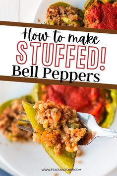 stuffed bell peppers on a white plate with text overlay