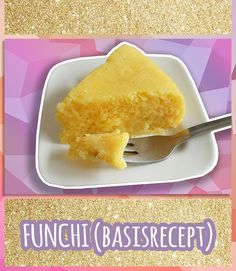 a piece of cake on a white plate with a fork in front of it and the words funchii basseret above it