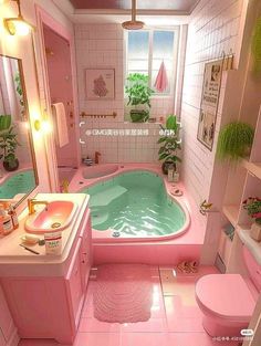 a bathroom with pink walls and flooring has a bathtub in the middle, toilet on the other side