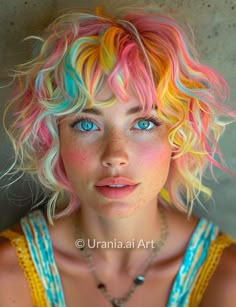 urania.ai Colorful Hair Character Art, Primary Color Hair, Crazy Hair Colors, Rainbow Hair Character Art, Crazy Hair Portrait, Purple Orange Yellow Hair, Festival Make Up, Bright Hair, Tone Hair