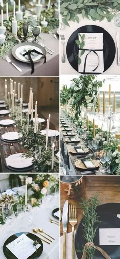 the table is set with black and white plates, silverware, greenery and candles