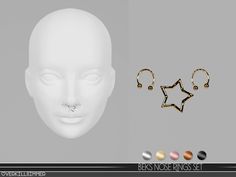 a white mannequin head with gold nose rings and a star shaped nose ring