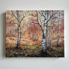 an acrylic painting of some trees in the woods with orange leaves on them