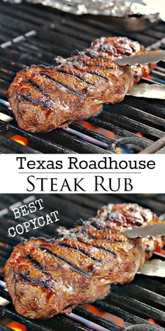 two pictures of steaks being cooked on the grill