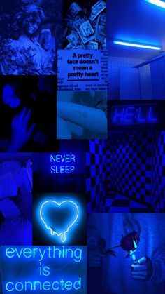 a collage of photos with neon lights and words that read, never sleep everything is connected