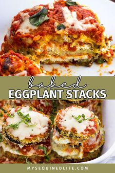 an eggplant stack with cheese and spinach on top is shown in this collage