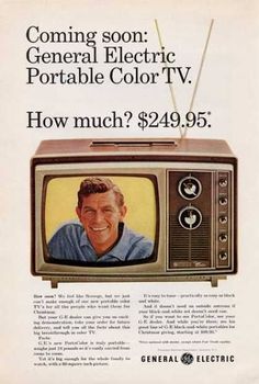 an advertisement for general electric television shows a smiling man on the tv screen, with text that reads'coming soon general electric portable color tv how much? $