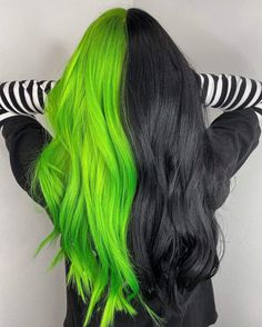 Half Black Half Colored Hair, Hair Colour Ideas Half And Half, Black Hair With Green Front Pieces, Black And Green Hair Ideas, Like Green And Black Hair, Black Hair Split Dye, Half Green Half Black Hair Short, Shego Hair, Double Hair Color