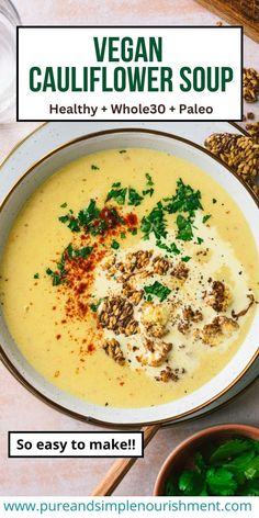 vegan cauliflower soup in a white bowl with parsley on the side