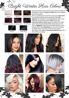 Best Hair Color For Clear Winter, Bright Cool Winter Color Palette, Winter Colour Palette Hair, Light Winter Hair Color, Winter Color Analysis Hair, House Of Color Winter Hair, Hair Colors For Bright Winter, Dark Winter Hair Color Palette, Winter Skin Tone Hair Color