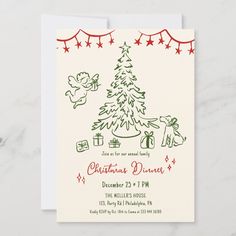 a christmas party card with an image of a tree and presents on the bottom,