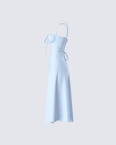 Feeling blue has never looked so cute 😌 With its dreamy hue and flowy silhouette, this dress featuring corset boning, a lace-up back, and a tie at the center bust is full of whimsy 💙 Corset Boning, Blue Corset, Corset Midi Dress, Black Off Shoulder, Graphic Top, White Jersey, Feeling Blue, Pocket Pants, White Mini Dress