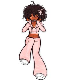 a drawing of a woman wearing pink pants and a brown shirt with her hands on her face