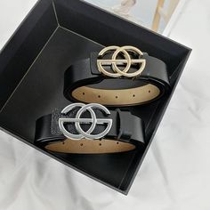 Two G Buckle belt with Genuine Leather. Buckles are in silver and gold.  Fashion trends. Waist Belts For Women, Waist Belts