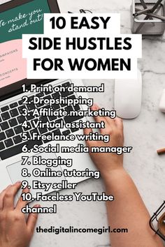 a woman typing on her laptop with the text 10 easy side hustles for women