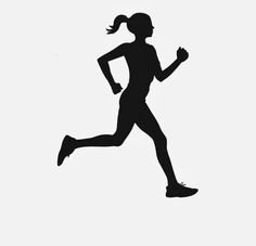 a silhouette of a woman running on a white background with the word run written in black