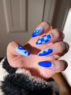 Nails With Checkers, Electric Blue Nails, Nails Checkered, Nails Retro, Yin Yang Nails, 16 Nails, Flame Nails, Checkered Nails, Colourful Nails