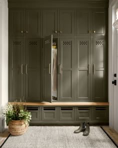 a room with green cabinets and a white rug on the floor in front of it