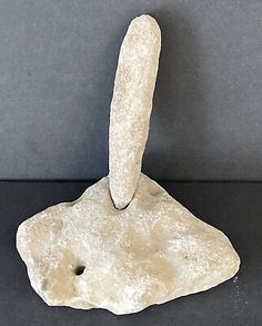 a stone object with a long bone on it's back end, sitting on a black surface