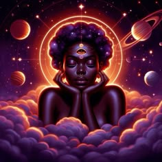 a painting of a woman sitting in the clouds with her eyes closed, surrounded by planets