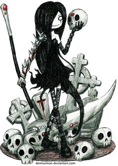 the skeleton girl is surrounded by skulls and holding a sculler in her hand