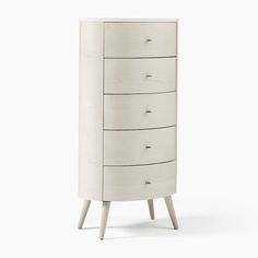 a tall white dresser with five drawers on it's sides and one drawer open