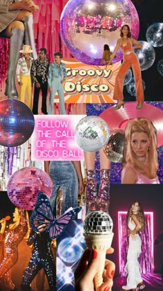 the collage shows many different types of disco balls and people standing around in front of them