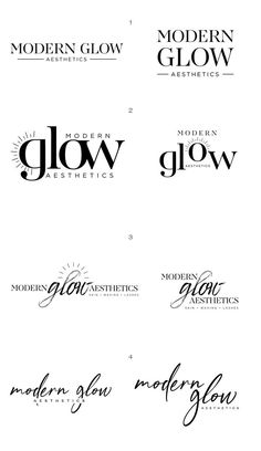 the logos for modern glow cosmetics are shown in black and white, with different font styles