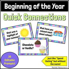 a set of three posters with the words,'beginning of the year quick connections '