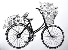 a black and white drawing of a bicycle with flowers in the basket on the front