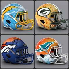 four football helmets with different designs on them