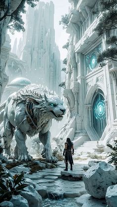 a man standing next to a giant white dragon in front of a building with green eyes