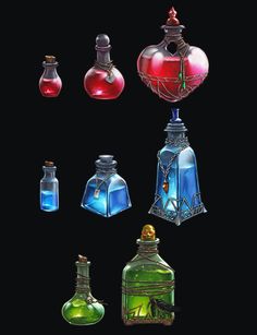 four different colored glass bottles are shown in the dark background, one is red and one is blue