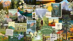 a collage of many different pictures with trees and mountains in the background, including flowers