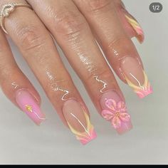 Yellow French Nails With Flower, Ethereal Nails Square, Besame Mucho Nails, Encapsulated Nails Flowers, Dominican Nails, Orchid Nails, 3d Flower Nails, Acrylic Press On Nails