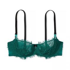 Plush Velvet And Delicate Lace Are Better Together On A Romantic Bra Featuring The Wicked Cup Technology You Love For A Flattering Lift Without Padding. Lift & Lining Unlined With Innovative Sling To Provide Push-Up Without Padding Underwire Straps & Hooks Adjustable Straps Hook-And-Eye Closures At Back Details & Fabric Velvet Straps Ribbon Detail And Jewel Charm At Front Partially Made With Recycled Materials Hand Wash Elegant Green Bra With Lace Trim, Fitted Victoria's Secret Lace Bra, Green Lace Party Bra, Elegant Green Lace Bra, Fitted Green Bra Partially Lined, Green Fitted Lace Bra, Fitted Partially Lined Green Bra, Victoria's Secret Green Lace Trim Bra, Soul Contract