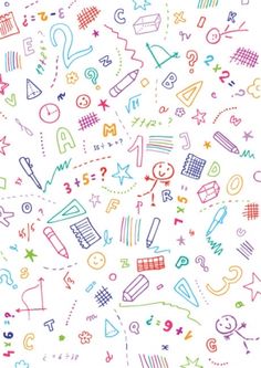 an image of colorful doodles and numbers on a white background with blue, yellow, red, green, orange, pink, purple