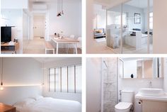 four different shots of a bedroom, bathroom and living room in one photo with white walls