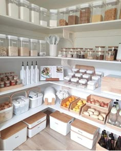 an organized pantry filled with lots of food and storage containers, including breads, eggs, cheeses, and other foodstuffs