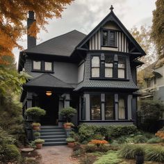 a black house with lots of windows and plants in the front yard on a cloudy day