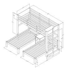 a drawing of a bunk bed frame with drawers and shelves on the bottom, side view