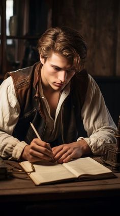 a young man sitting at a table with an open book and pen in his hand